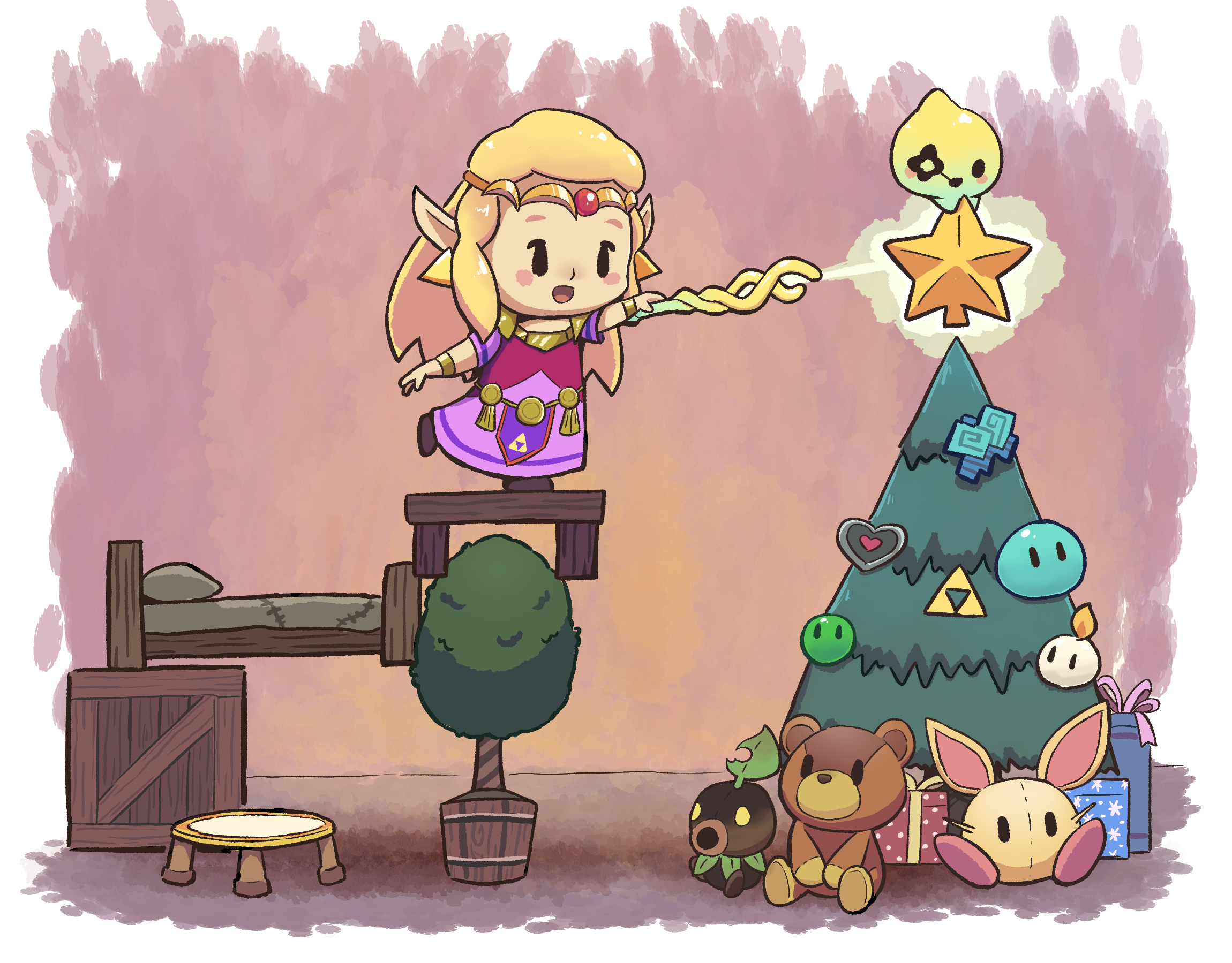 aquabluu, deku scrub, ignizol, princess zelda, tri (zelda), zol (zelda), nintendo, the legend of zelda, the legend of zelda: echoes of wisdom, commentary, english commentary, highres, 1girl, :d, bed, blonde hair, blush, blush stickers, box, bracelet, brown shoes, character doll, chibi, christmas ornaments, christmas present, christmas tree, circlet, crate, doll, dress, full body, gift, gift box, gold bracelet, holding, holding staff, hydrozol, jewelry, long hair, open mouth, piece of heart, pillow, shoes, short sleeves, smile, solid oval eyes, staff, standing, standing on one leg, stuffed animal, stuffed toy, table, teddy bear, trampoline, tree, tree-topper, triforce, wooden table