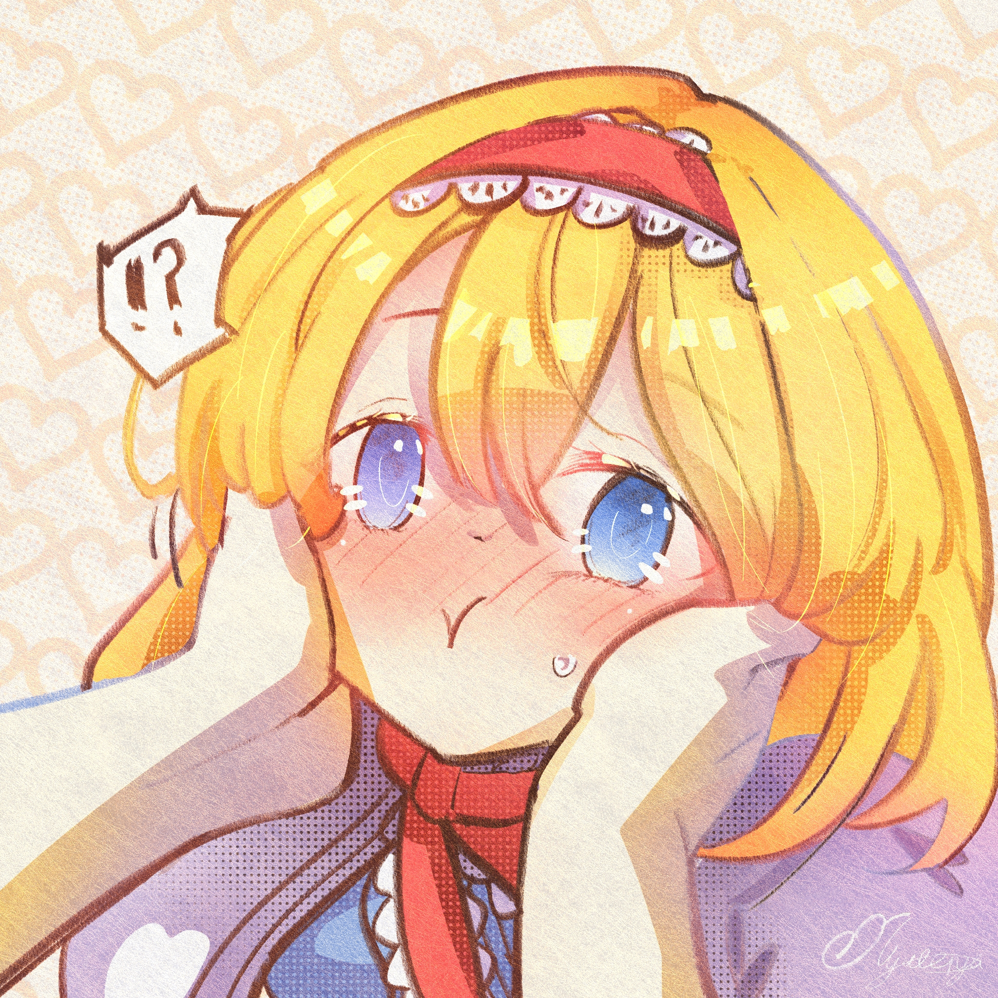 nywerya, alice margatroid, touhou, chinese commentary, commentary request, highres, !?, 1girl, 1other, :>, blonde hair, blue dress, blue eyes, blush, breasts, capelet, cheek squash, dress, frilled hairband, frills, hair between eyes, hairband, hands on another's cheeks, hands on another's face, heart, heart background, long hair, looking at viewer, neck ribbon, outline, portrait, pov, pov hands, red hairband, red ribbon, ribbon, signature, small breasts, spoken interrobang, sweatdrop, vest, white capelet