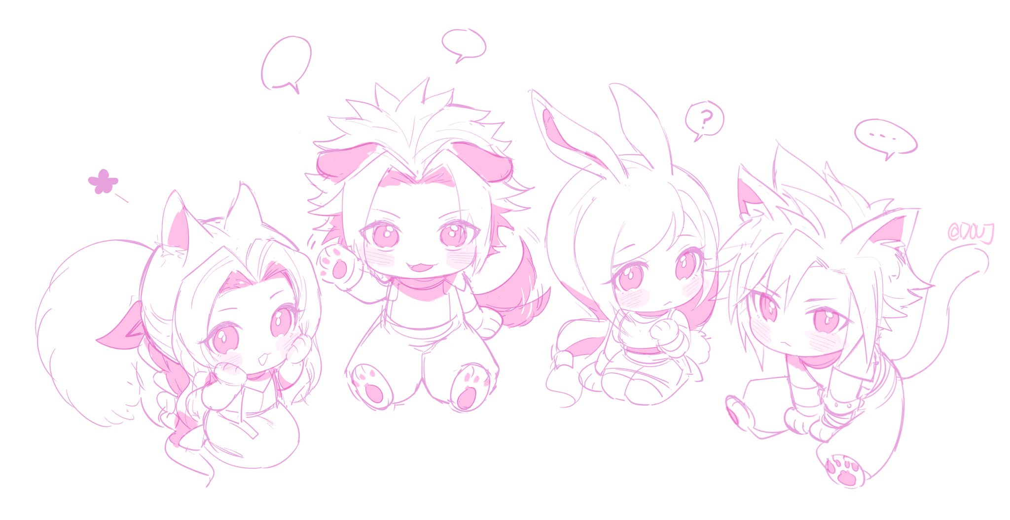 duoj ji, aerith gainsborough, cloud strife, tifa lockhart, zack fair, final fantasy, final fantasy vii, final fantasy vii remake, highres, …, 2boys, 2girls, ?, animal ears, arm up, armor, baggy pants, blush, cat ears, cat tail, chibi, chibi only, closed mouth, dog ears, dog tail, dress, full body, gloves, hair ribbon, hands on own cheeks, hands on own face, long hair, looking at viewer, low-tied long hair, motion lines, multiple boys, multiple girls, open mouth, pants, parted bangs, pink theme, rabbit ears, rabbit tail, ribbon, seiza, short hair, shoulder armor, simple background, sitting, spiked hair, spoken ellipsis, spoken question mark, squirrel ears, squirrel tail, swept bangs, tail, thighhighs, twitter username, white background