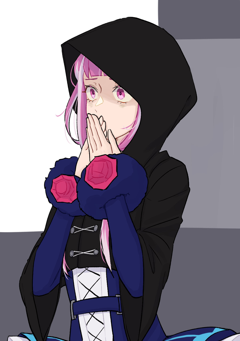 hahm0106, hortensia (fire emblem), fire emblem, fire emblem engage, nintendo, highres, 1girl, covering own mouth, flower, fur wrist cuffs, long hair, looking to the side, pink eyes, pink flower, pink hair, pink rose, rose, solo, upper body, wrist cuffs