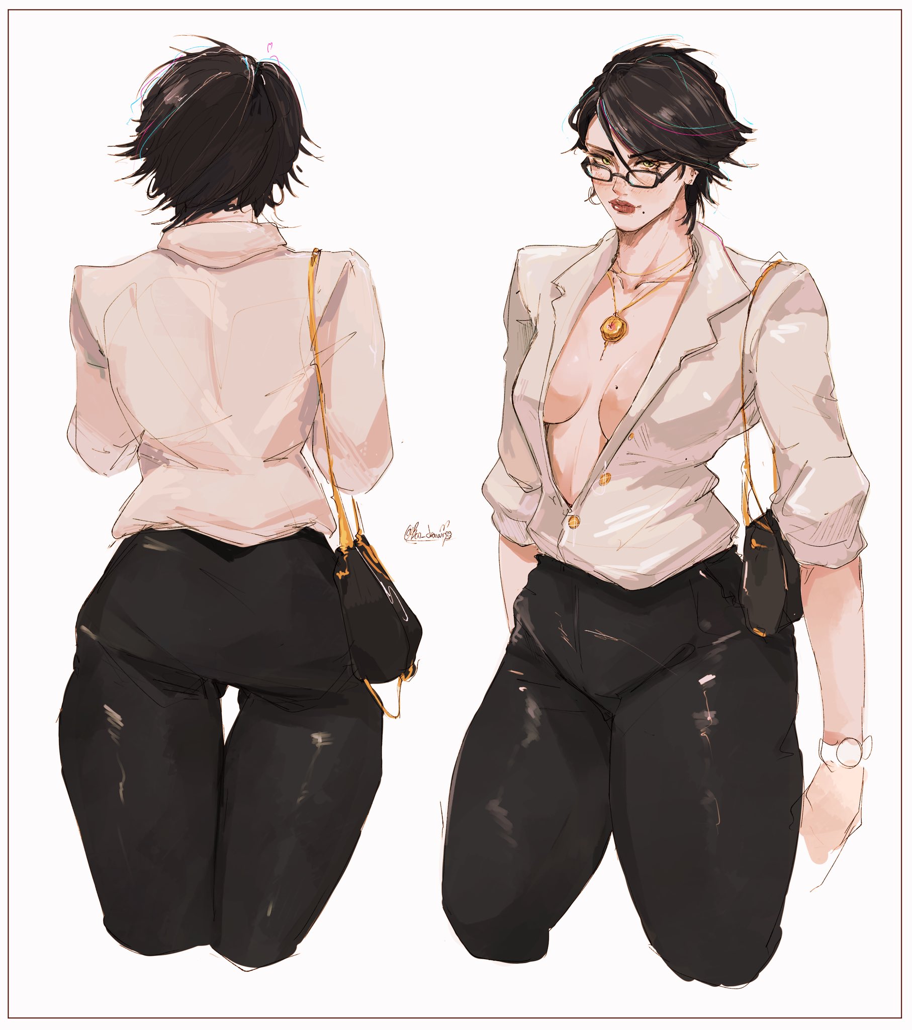 bon drawr, bayonetta, bayonetta (series), bayonetta 2, highres, 1girl, ass, bag, black-framed eyewear, black hair, black pants, breasts, cropped legs, front and back, glasses, handbag, jacket, jewelry, medium breasts, mole, necklace, pants, partially unbuttoned, red lips, short hair, simple background, white jacket