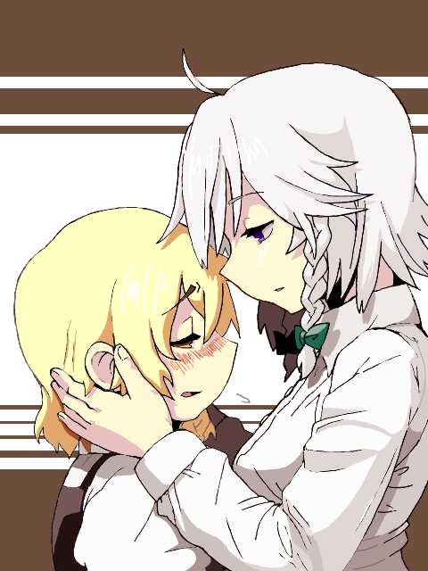 kirusu, izayoi sakuya, kirisame marisa, touhou, silver hair, bad id, bad pixiv id, 2girls, blonde hair, blue eyes, blush, braid, female focus, multiple girls, short hair, twin braids, yellow eyes