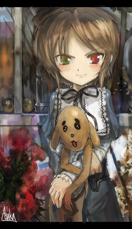 asuka shirou, kunkun, souseiseki, rozen maiden, bad id, bad pixiv id, 00s, 1girl, bad anatomy, bad proportions, blush, brown hair, dog, dress, female focus, green eyes, heterochromia, poorly drawn, red eyes, serious, short hair, solo, stuffed animal, stuffed toy