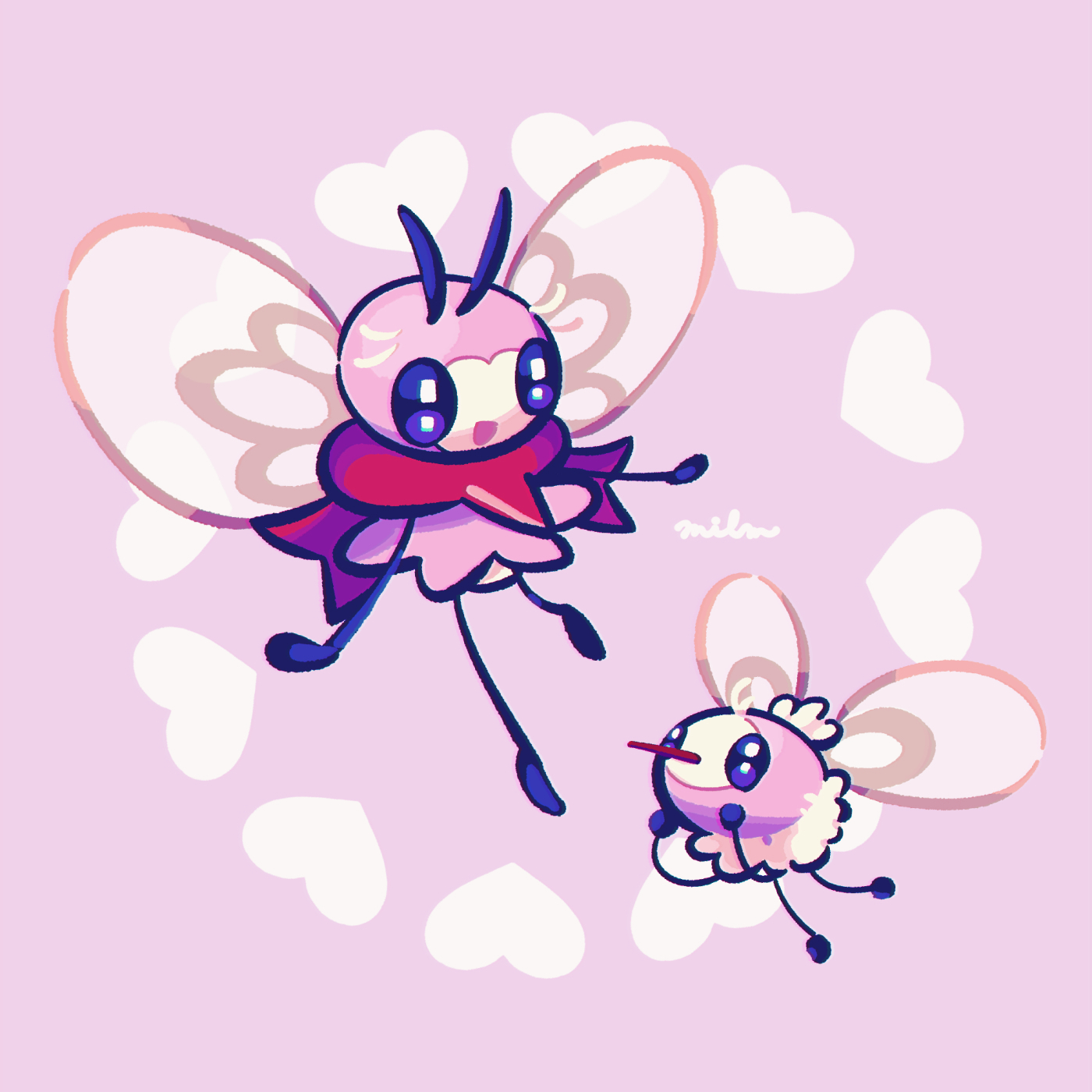 milm 2, cutiefly, ribombee, nintendo, pokemon, commentary request, highres, :d, alternate color, antennae, evolutionary line, full body, gen 7 pokemon, insect wings, open mouth, pink background, pink theme, pokemon (creature), pokemon focus, shiny pokemon, signature, simple background, smile, wings
