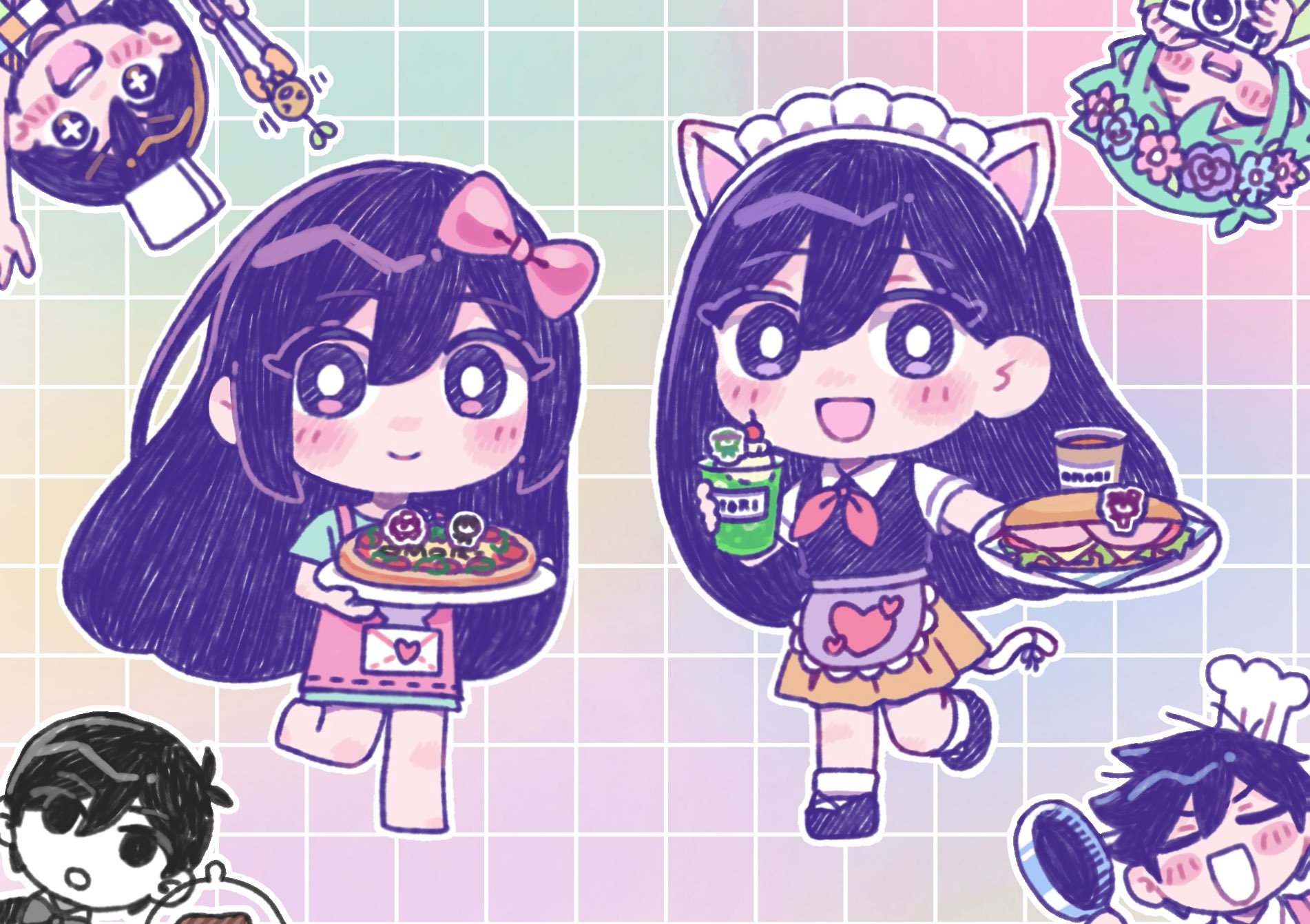 kato (momota rosan), aubrey (headspace) (omori), aubrey (omori), basil (headspace) (omori), basil (omori), hero (headspace) (omori), hero (omori), kel (headspace) (omori), kel (omori), mari (headspace) (omori), mari (omori), omori (omori), sprout mole, omori, highres, + +, 2girls, 4boys, animal ears, apron, barefoot, black eyes, black hair, blue shirt, blush, bright pupils, brother and sister, brothers, camera, cat ears, cat tail, chef hat, chibi, chibi only, closed mouth, collared shirt, colored skin, double-parted bangs, fake animal ears, fake tail, flat top chef hat, flower, flower wreath, food, frying pan, green hair, hair between eyes, hat, head wreath, headdress, holding, holding camera, holding frying pan, holding plate, holding tongs, holding tray, long hair, looking at viewer, multiple boys, multiple girls, neckerchief, open mouth, pink apron, pizza, plate, purple eyes, purple hair, purple sweater vest, red neckerchief, sandwich, shirt, short hair, short sleeves, siblings, smile, sweater vest, tail, teeth, tongs, tray, upper teeth only, white hat, white pupils, white shirt, white skin