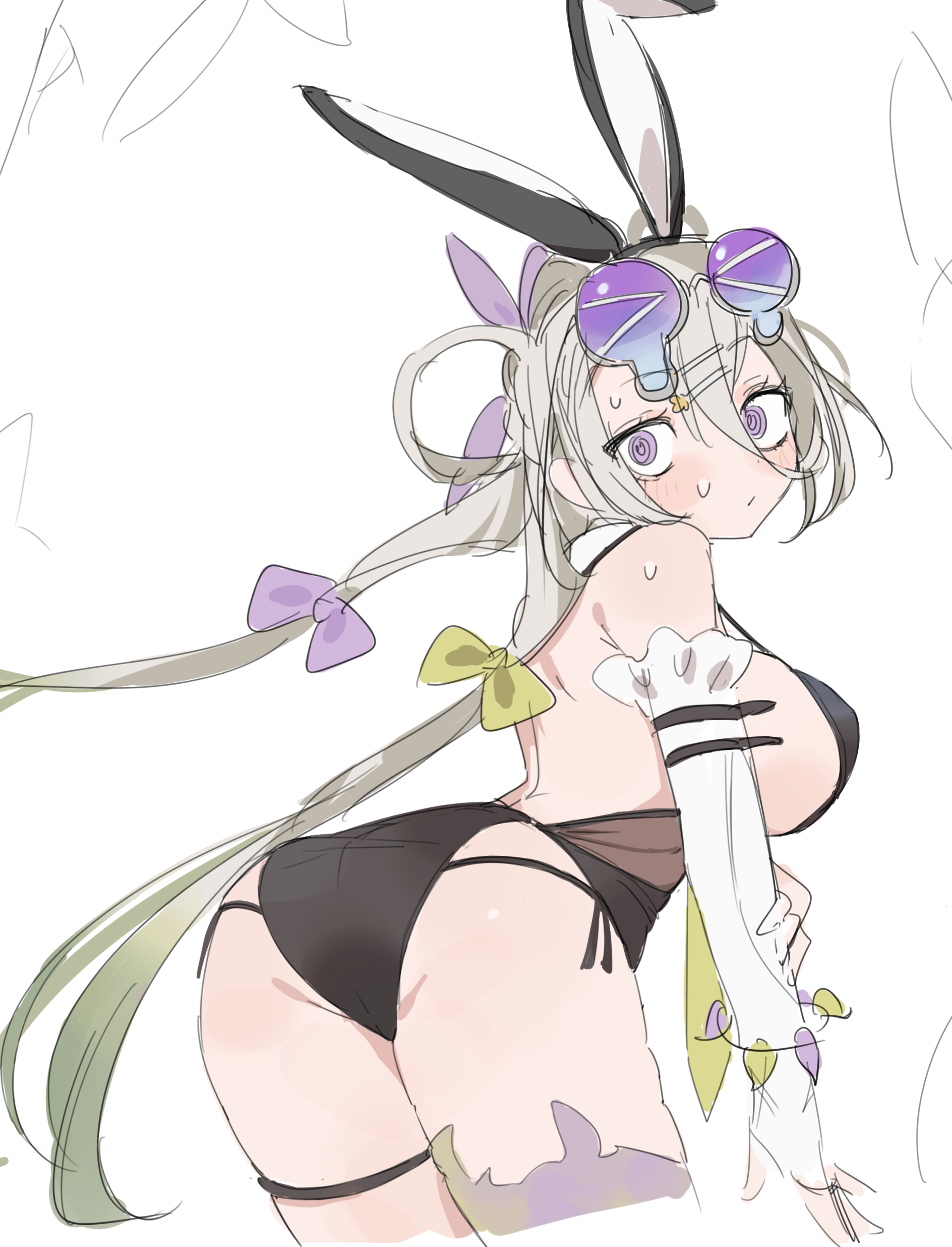 kaigan0211, huyan zhuo (fate), huyan zhuo (swimsuit berserker) (fate), fate/grand order, fate (series), absurdres, highres, 1girl, animal ears, ass, bare shoulders, black one-piece swimsuit, bow, breasts, cropped legs, detached sleeves, eyewear on head, fake animal ears, from behind, green bow, grey hair, hair between eyes, hair rings, holding own arm, long hair, long sleeves, looking at viewer, official alternate costume, one-piece swimsuit, purple bow, rabbit ears, sideboob, simple background, solo, sunglasses, swimsuit, white background, white sleeves