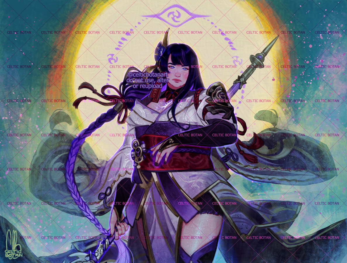 raiden shogun, genshin impact, commentary, english commentary, 1girl, armor, black panties, black thighhighs, blue pupils, blue sky, blunt bangs, braid, bridal gauntlets, celticbotan, closed mouth, electricity, engulfing lightning (genshin impact), expressionless, fan hair ornament, glowing, glowing eyes, gradient hair, hair ornament, hair ribbon, head tilt, holding, holding polearm, holding weapon, japanese clothes, kimono, long braid, long hair, mitsudomoe (shape), multicolored eyes, multicolored hair, neck ribbon, off shoulder, outdoors, panties, pink lips, polearm, powering up, purple eyes, purple hair, purple kimono, red ribbon, red sash, ribbon, sash, shoulder armor, single braid, sky, solo, standing, sun, thick lips, thighhighs, thighs, tomoe (symbol), underwear, weapon