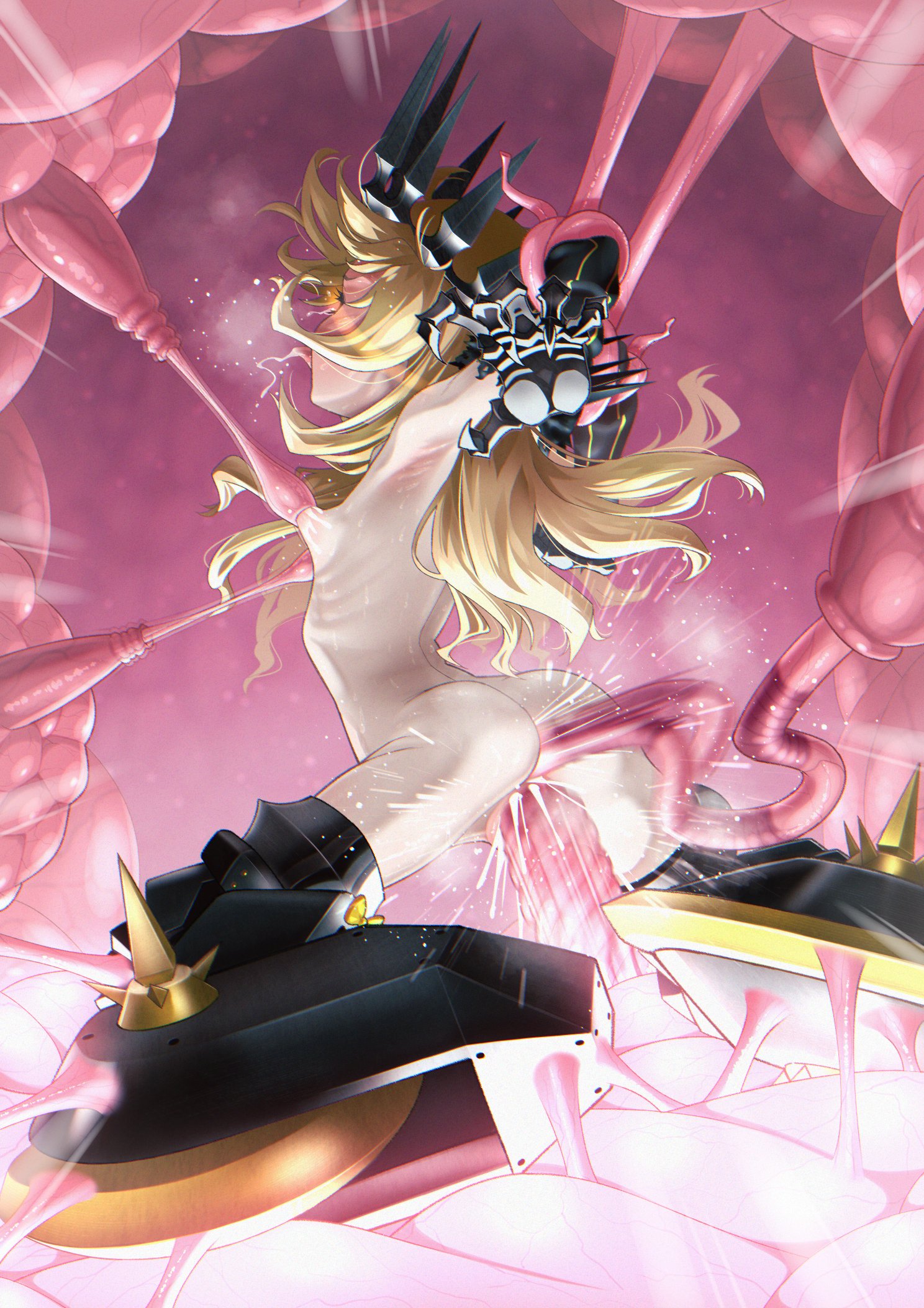 spicepats, chariot (black rock shooter), black rock shooter, commission, highres, skeb commission, 1girl, anal, anus, black crown, blonde hair, breast sucking, breasts, claws, crown, long hair, mechanical legs, nipples, nude, pussy, pussy juice, skeletal hand, small breasts, solo, tentacle sex, tentacles, vaginal, wheel, wheeled leg(s), yellow eyes