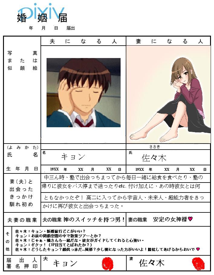 kyon, sasaki (suzumiya haruhi), suzumiya haruhi no yuuutsu, 00s, 1boy, 1girl, hand on own head, marriage certificate