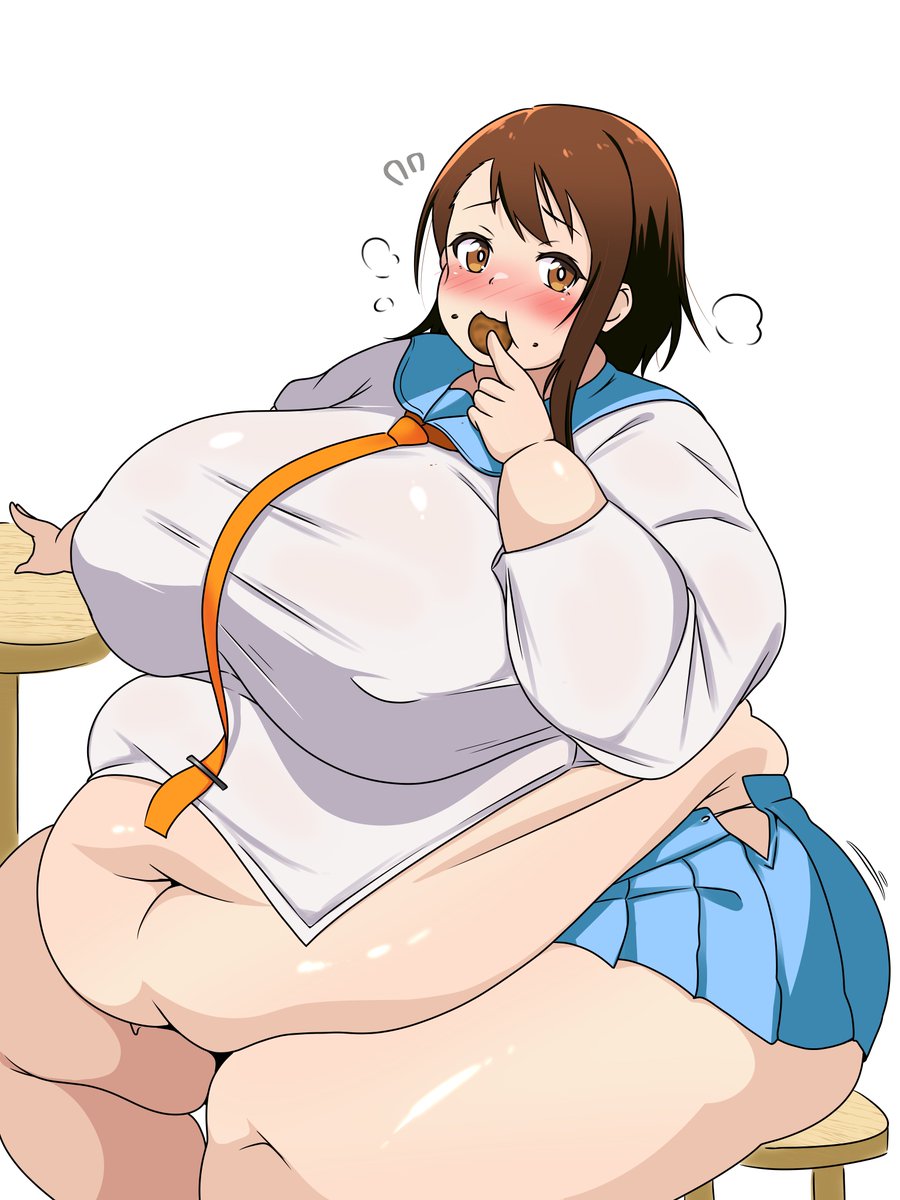 usagirin, onodera kosaki, nisekoi, 1girl, belly, big belly, blue skirt, blush, breasts, brown eyes, brown hair, cookie, covered erect nipples, eating, fat, fat woman, food, food in mouth, food on face, from side, huge breasts, medium hair, navel, necktie, obese, school uniform, shirt, sidelocks, sitting, skirt, solo, thick arms, thick thighs, thighs, tight clothes, white background, white shirt