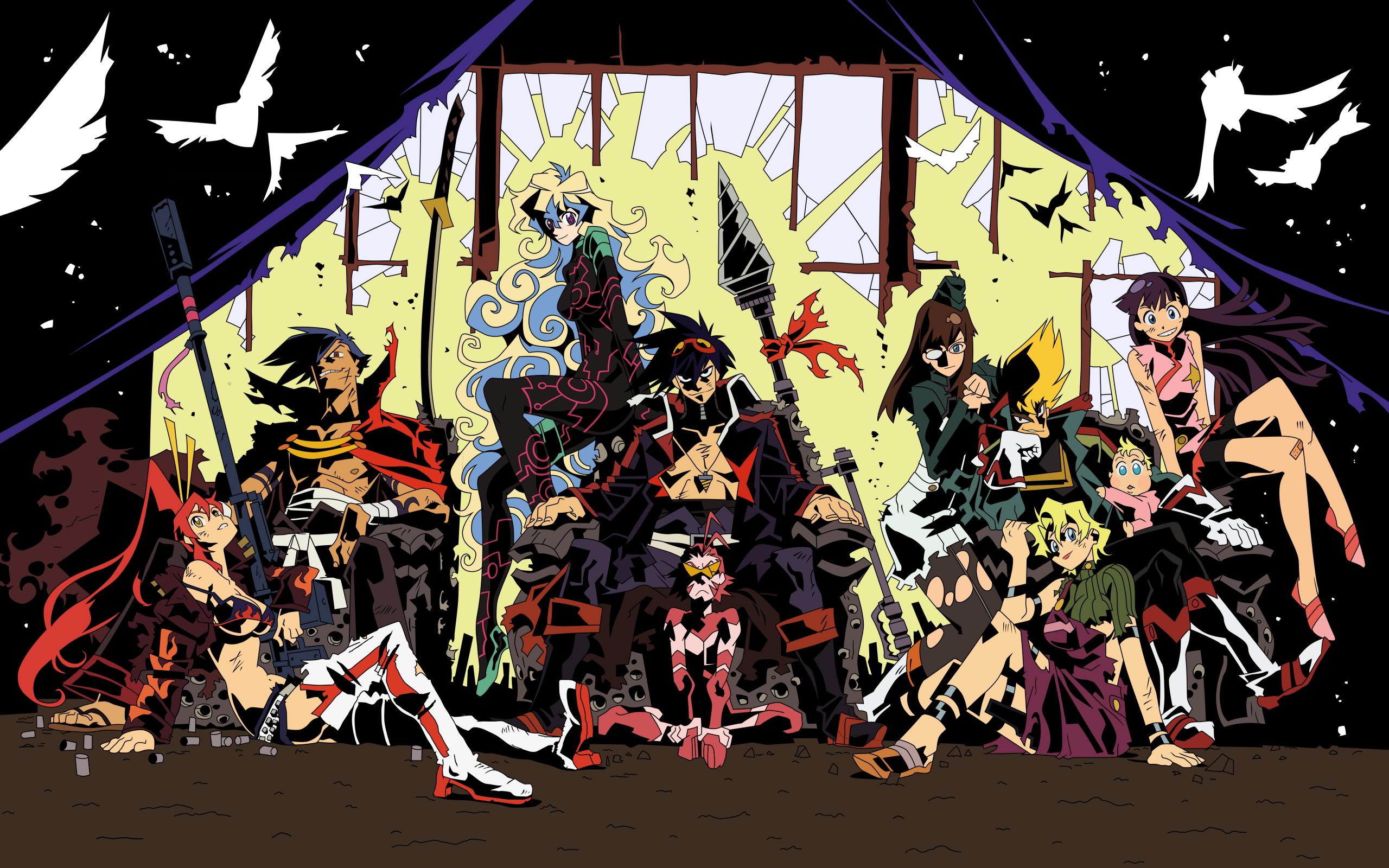 imaishi hiroyuki, anne (ttgl), antispiral nia, boota (ttgl), kamina (ttgl), kinon bachika, kittan bachika, kiyal bachika, kiyoh bachika, nia teppelin, simon (ttgl), yoko littner, tengen toppa gurren lagann, highres, jpeg artifacts, 00s, 4boys, 6+girls, cross-shaped pupils, epic, multiple boys, multiple girls, sarashi, symbol-shaped pupils