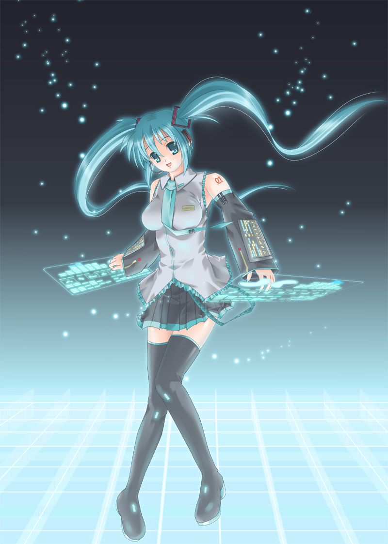 ikuzaemon, hatsune miku, vocaloid, bad id, bad pixiv id, aqua eyes, aqua hair, detached sleeves, headset, long hair, necktie, skirt, solo, thighhighs, twintails, zettai ryouiki