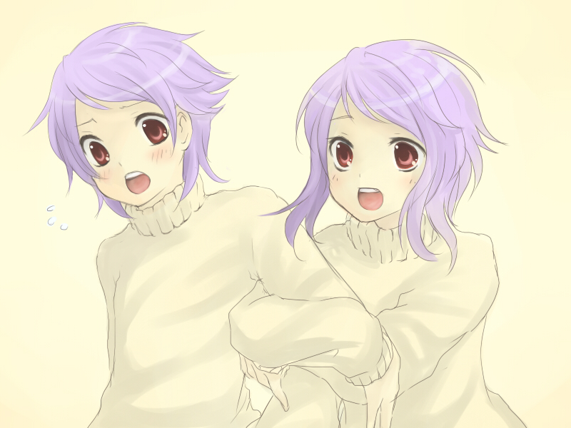 retoro, anew returner, revive revival, gundam, gundam 00, bad id, bad pixiv id, 00s, blush, monochrome, open mouth, purple hair, red eyes, sweater