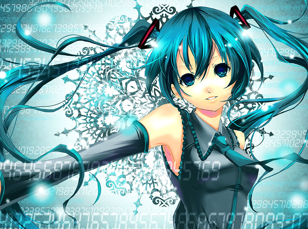 mirusa, hatsune miku, vocaloid, aqua eyes, aqua hair, detached sleeves, necktie, solo, twintails