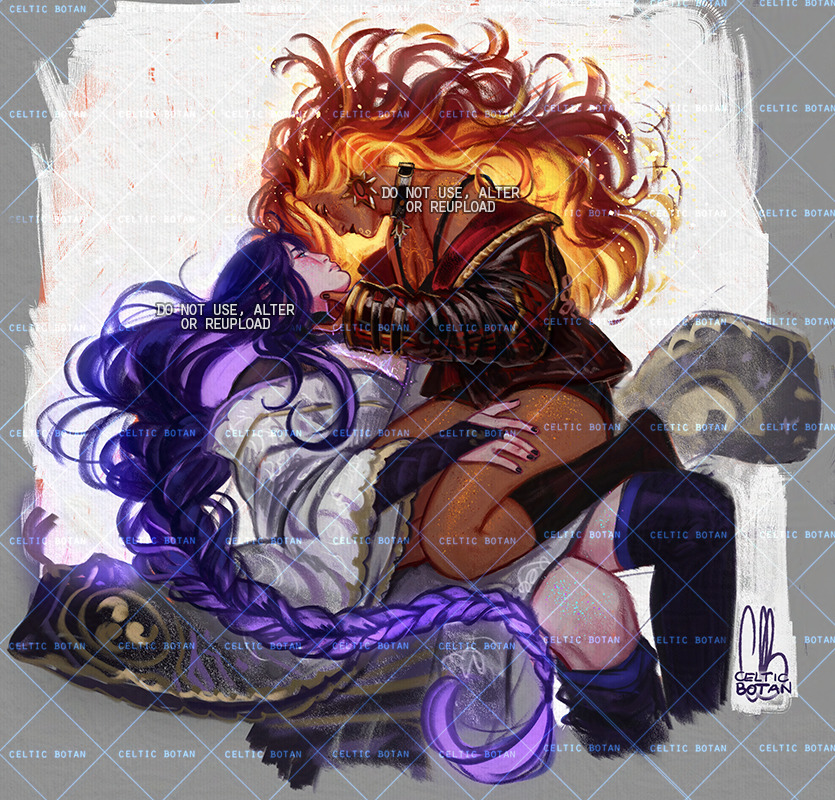mavuika (genshin impact), raiden shogun, genshin impact, commentary, english commentary, 2girls, alternate costume, alternate skin color, armor, artist name, biker clothes, black lips, blunt ends, braid, breasts, bridal gauntlets, celticbotan, center opening, cleavage, closed eyes, couple, dark-skinned female, dark skin, earrings, electricity, eyeliner, fiery hair, fire, from side, full body, gradient hair, hair between eyes, hair over shoulder, incoming kiss, japanese armor, japanese clothes, jewelry, kimono, large breasts, leaning on person, long braid, long sleeves, makeup, mole, mole under eye, multicolored hair, multiple girls, muscular, muscular female, off shoulder, pink lips, powering up, purple eyes, purple hair, purple kimono, red eyeliner, red hair, shade, single braid, streaked hair, sun symbol, thick lips, watermark, wavy hair, yuri