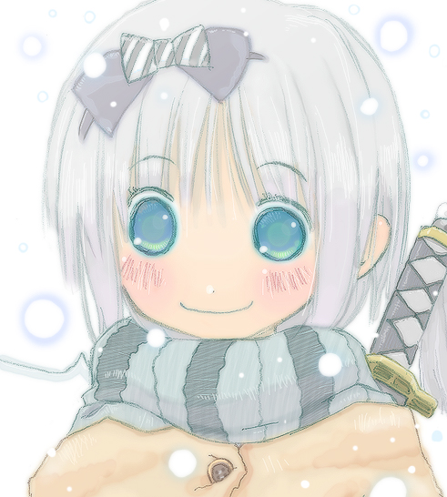 yuki-na, konpaku youmu, touhou, bad id, bad pixiv id, 1girl, blush, coat, female focus, katana, scarf, smile, snow, solo, sword, upper body, weapon, white background, winter, winter clothes