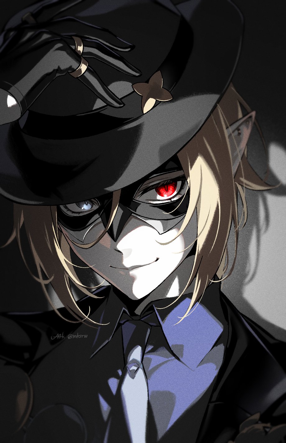 maka (mksrw), hugo vlad, zenless zone zero, highres, 1boy, black coat, black gloves, black hat, blonde hair, coat, ear piercing, eye mask, gloves, gold ring, grey eyes, hair between eyes, hand on headwear, hat, heterochromia, jewelry, lapel pin, looking at viewer, male focus, mask, medallion, multiple rings, necktie, piercing, pointy ears, purple necktie, purple shirt, red eyes, ring, shadow, shirt, smile, solo, twitter username, upper body
