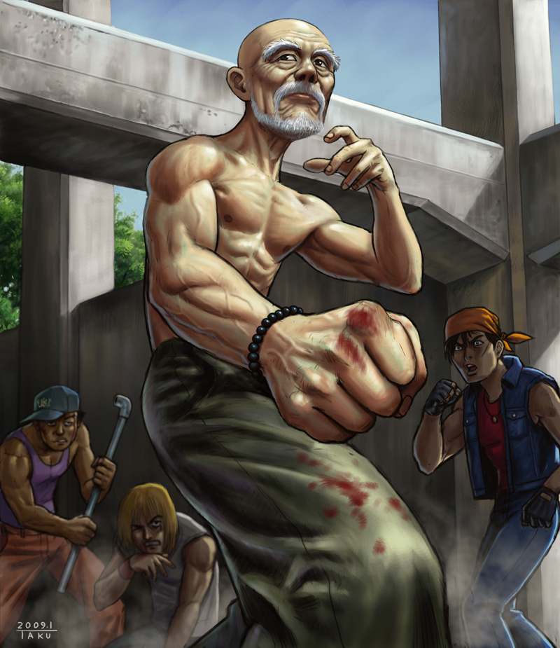 matataku, original, 4boys, bald, battle, beard, blood, bracelet, facial hair, fighting stance, jewelry, male focus, manly, multiple boys, muscular, old, old man, topless male