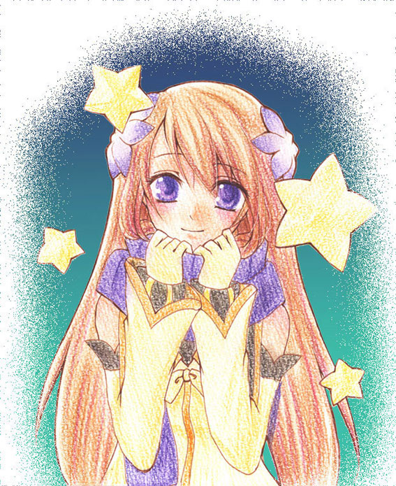 marta lualdi, tales of (series), tales of symphonia, tales of symphonia: dawn of the new world, traditional media, 00s, blue eyes, brown hair, flower, gloves, hair ornament, long hair, scarf, smile, solo