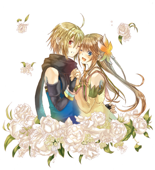 emil castagnier, marta lualdi, tales of (series), tales of symphonia, tales of symphonia: dawn of the new world, 00s, 1boy, 1girl, blonde hair, blue eyes, brown hair, couple, flower, gloves, hair ornament, hetero, long hair, red eyes, scarf, smile