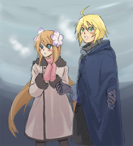 emil castagnier, marta lualdi, tales of (series), tales of symphonia, tales of symphonia: dawn of the new world, 00s, blonde hair, blue eyes, brown hair, coat, flower, gloves, green eyes, hair ornament, long hair