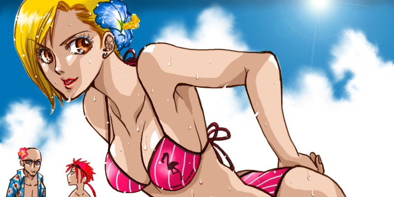 yuriko2755, elena (ff7), reno (ff7), rude (ff7), final fantasy, final fantasy vii, square enix, striped, 1990s (style), 1girl, 2boys, bald, bikini, blonde hair, day, flower, multiple boys, orange eyes, red hair, retro artstyle, short hair, sky, smile, string bikini, sunglasses, swimsuit, turks (ff7)