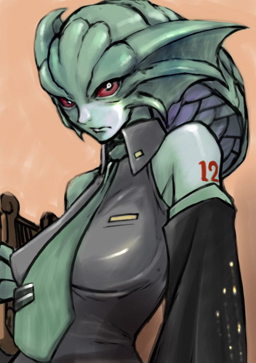 tomotsuka haruomi, garuda (final fantasy), hatsune miku, final fantasy, final fantasy xi, vocaloid, 1girl, colored skin, cosplay, dress shirt, female focus, green hair, green skin, hatsune miku (cosplay), lamia, live hood, monster girl, necktie, red eyes, scales, shirt, solo