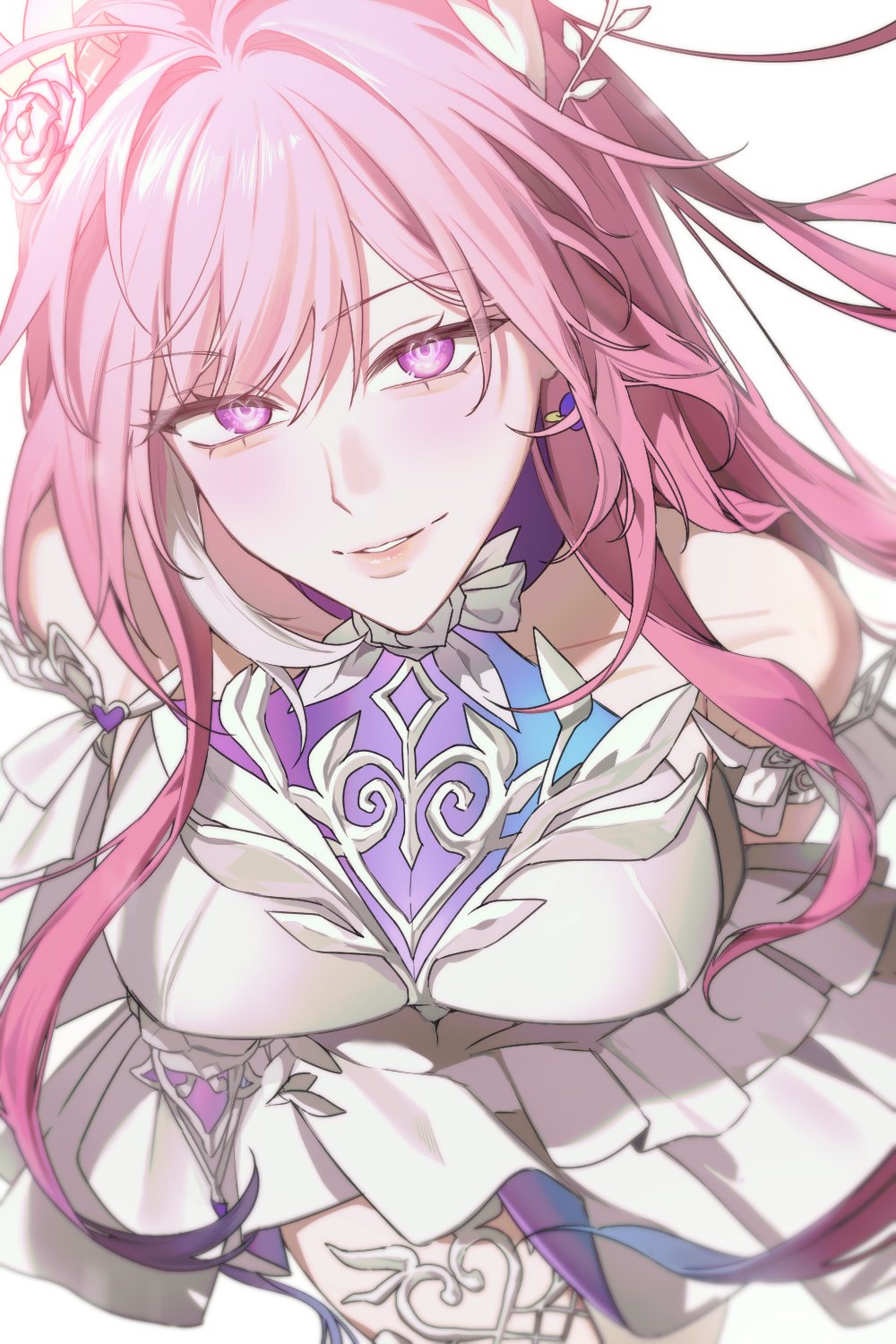 cyrene (honkai: star rail), cyrene (ripples of past reverie) (honkai: star rail), honkai: star rail, honkai (series), hashtag-only commentary, highres, 1girl, bare shoulders, breasts, broook d, diamond-shaped pupils, diamond (shape), dress, earrings, flower, hair flower, hair ornament, jewelry, large breasts, long hair, looking at viewer, parted lips, pink hair, purple eyes, simple background, solo, symbol-shaped pupils, very long hair, white background, white dress, white hair