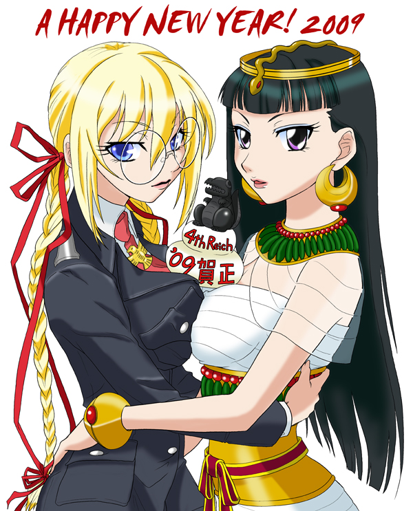 nanahisa, original, 00s, 2009, 2girls, ancient egyptian, asymmetrical docking, black hair, blonde hair, blue eyes, braid, breast press, breasts, egypt, eyeshadow, glasses, hair ribbon, headdress, jewelry, large breasts, long hair, makeup, medium breasts, military, military uniform, multiple girls, mummy, nazi, necktie, new year, purple eyes, ribbon, symmetrical docking, twin braids