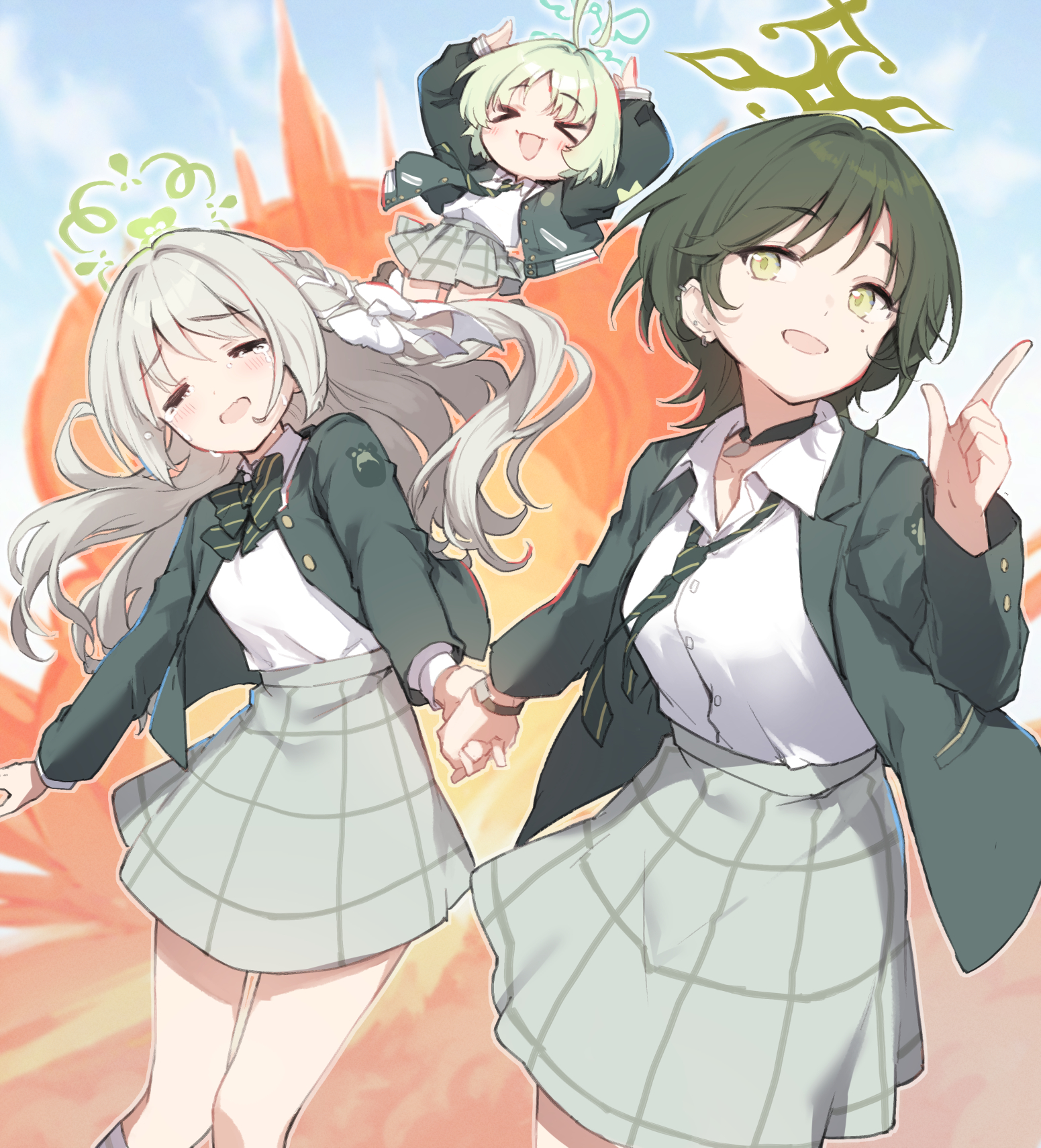miya kazutomo, fuyu (blue archive), miyo (blue archive), ritsu (blue archive), blue archive, commentary request, highres, > <, 3girls, :d, ahoge, arms up, black choker, blush, bow, bowtie, braid, chibi, chibi inset, choker, closed eyes, collared shirt, cowboy shot, crying, day, diagonal-striped bow, diagonal-striped bowtie, diagonal-striped clothes, diagonal-striped necktie, explosion, fang, feet out of frame, floating hair, furrowed brow, green bow, green bowtie, green eyes, green hair, green halo, green jacket, green necktie, grey hair, grey skirt, hair bow, hair intakes, hair ribbon, halo, holding hands, index finger raised, jacket, long hair, long sleeves, looking at viewer, mary janes, mole, mole under eye, multiple girls, necktie, open clothes, open jacket, open mouth, outdoors, plaid clothes, plaid skirt, ribbon, ribbon braid, running, school uniform, shirt, shoes, short hair, side braid, sidelocks, skin fang, skirt, smile, streaming tears, striped bow, striped bowtie, striped clothes, tears, very long hair, white bow, white ribbon, white shirt, wolf cut