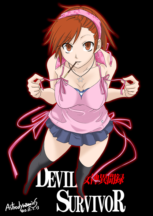 nanahisa, tanigawa yuzu, devil survivor (series), devil survivor 1, 1girl, bandana, black thighhighs, brown eyes, camisole, female focus, food, jewelry, legs, looking up, matching hair/eyes, miniskirt, mouth hold, necklace, orange eyes, orange hair, pocky, ribbon, short hair, skirt, solo, star (symbol), tank top, thighhighs