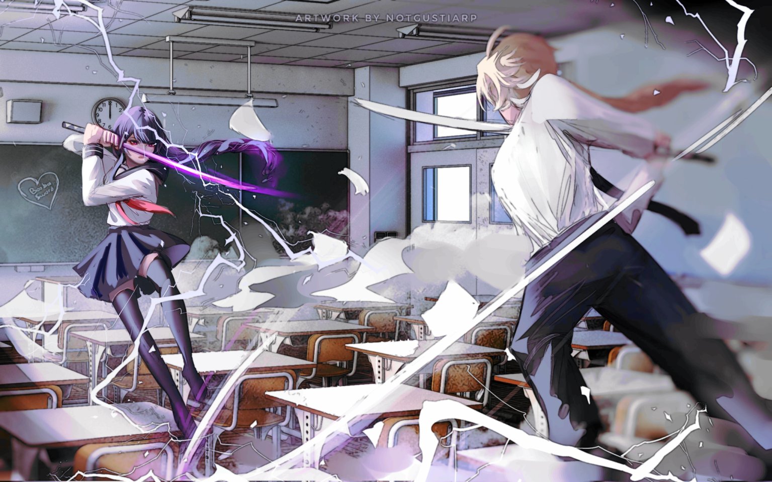 notgustiarp, aether (genshin impact), raiden shogun, genshin impact, commentary, english commentary, 1boy, 1girl, ahoge, alternate costume, arms up, black thighhighs, blonde hair, blunt bangs, braid, chair, chalkboard, classroom, clock, contemporary, couple, desk, duel, electricity, electrokinesis, fighting, floating, friends, from behind, glowing, glowing weapon, hair flowing over, holding, holding sword, holding weapon, indoors, katana, long braid, long hair, long sleeves, mixed-sex combat, multicolored hair, musou isshin (genshin impact), neckerchief, pants, paper, red neckerchief, sailor collar, school chair, school desk, school uniform, serafuku, shade, single braid, skirt, streaked hair, sword, thighhighs, wall clock, weapon