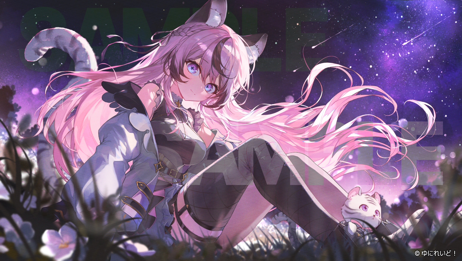 syagamu, jyui amanari, uniraid, 1girl, animal ears, black thighhighs, flower-shaped pupils, garter straps, long hair, meteor, night, night sky, purple hair, single thighhigh, sitting, sky, solo, symbol-shaped pupils, tail, thighhighs, tiger ears, tiger tail, very long hair, virtual youtuber