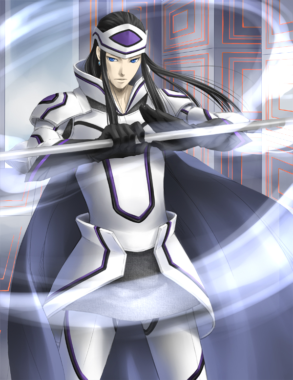 ame (pixiv217267), cu chulainn (megami tensei), shin megami tensei, shin megami tensei iii: nocturne, bad id, bad pixiv id, 1boy, armor, black hair, blue eyes, cowboy shot, demon (megami tensei), long hair, male focus, solo