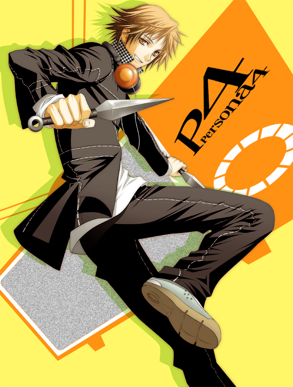 ame (pixiv217267), hanamura yousuke, atlus, persona, persona 4, bad id, bad pixiv id, 1boy, blouse, brown eyes, brown hair, copyright name, headphones, headphones around neck, knife, male focus, shirt, solo, white shirt, yellow background