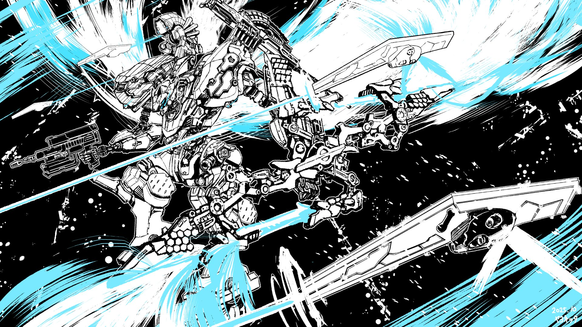 armored core, armored core vi: fires of rubicon, black background, boosters, drone, energy sword, gun, holding, holding weapon, laser, mecha, mecha focus, no humans, rifle, robot, sword, weapon, yayonetta24