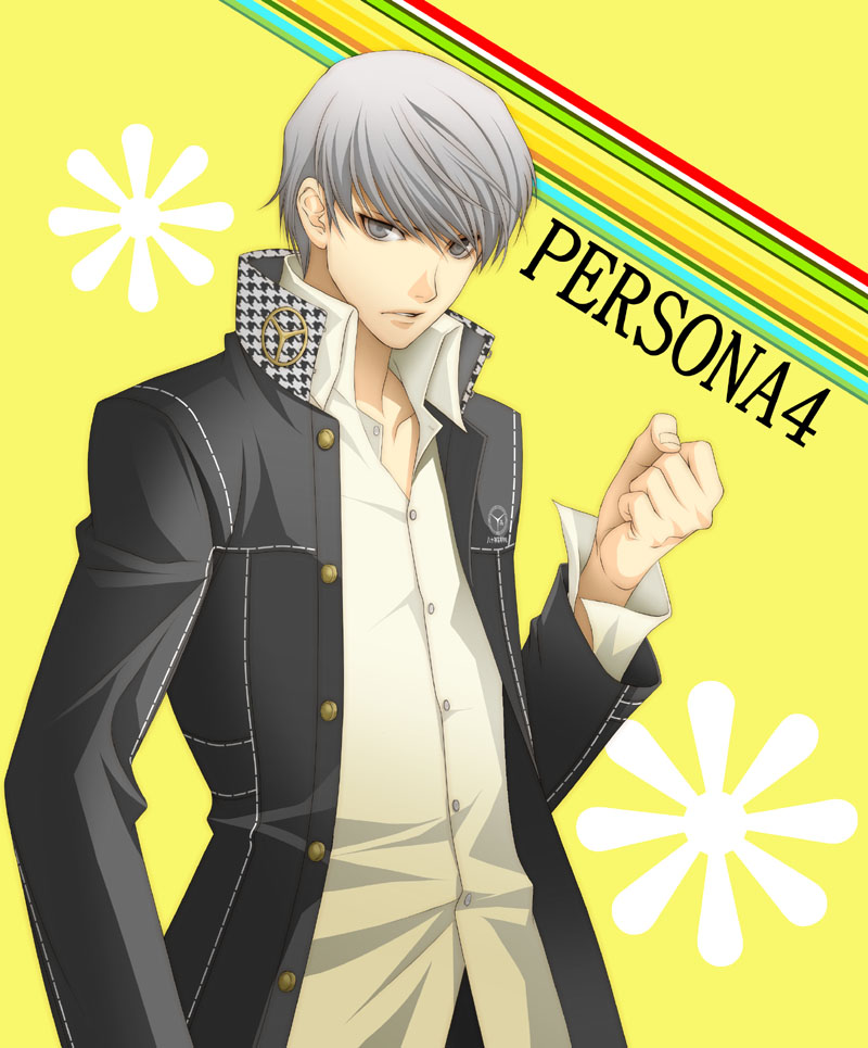 ame (pixiv217267), narukami yu, atlus, persona, persona 4, bad id, bad pixiv id, blouse, collared shirt, copyright name, grey eyes, grey hair, male focus, shirt, short hair, solo, white shirt, yellow background