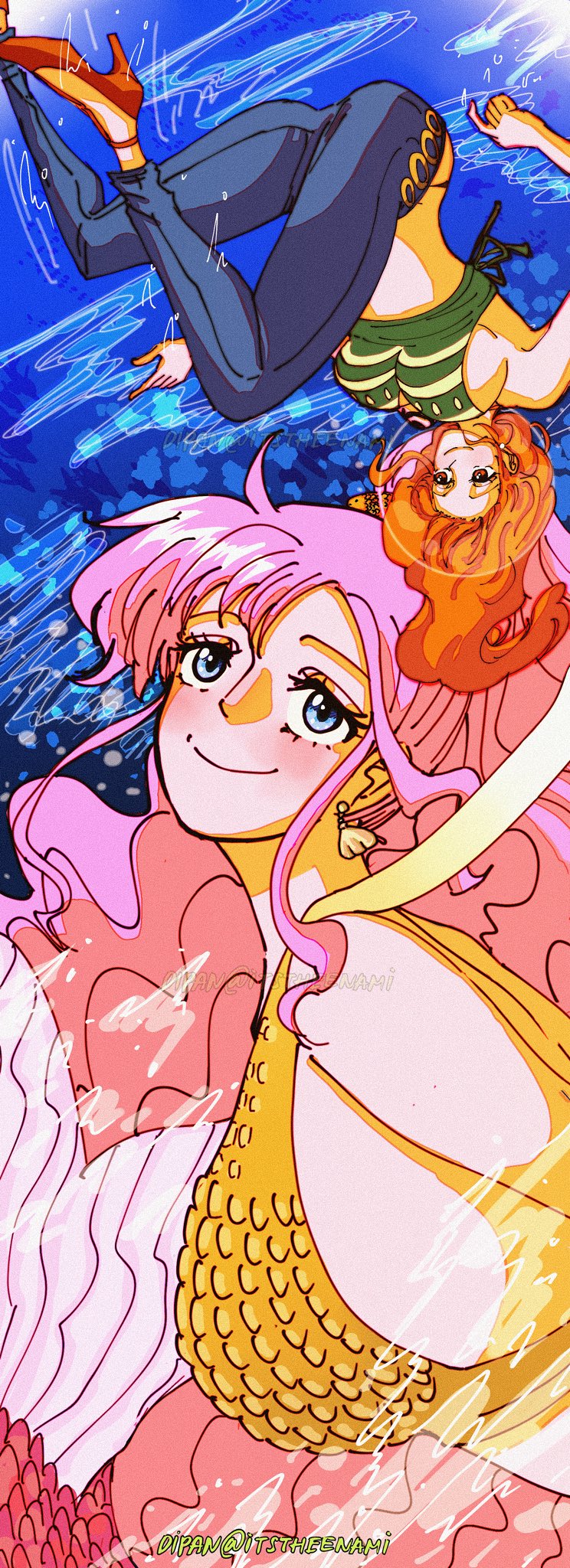 itstheenami, nami (one piece), shirahoshi, one piece, commentary, english commentary, highres, 2girls, bikini, bikini top only, blue eyes, breasts, denim, earrings, high heels, jeans, jewelry, large breasts, long hair, mermaid, monster girl, multiple girls, orange eyes, orange hair, pants, pink hair, shell, shell earrings, sidelocks, smile, swimsuit, twitter username, underwater, upside-down