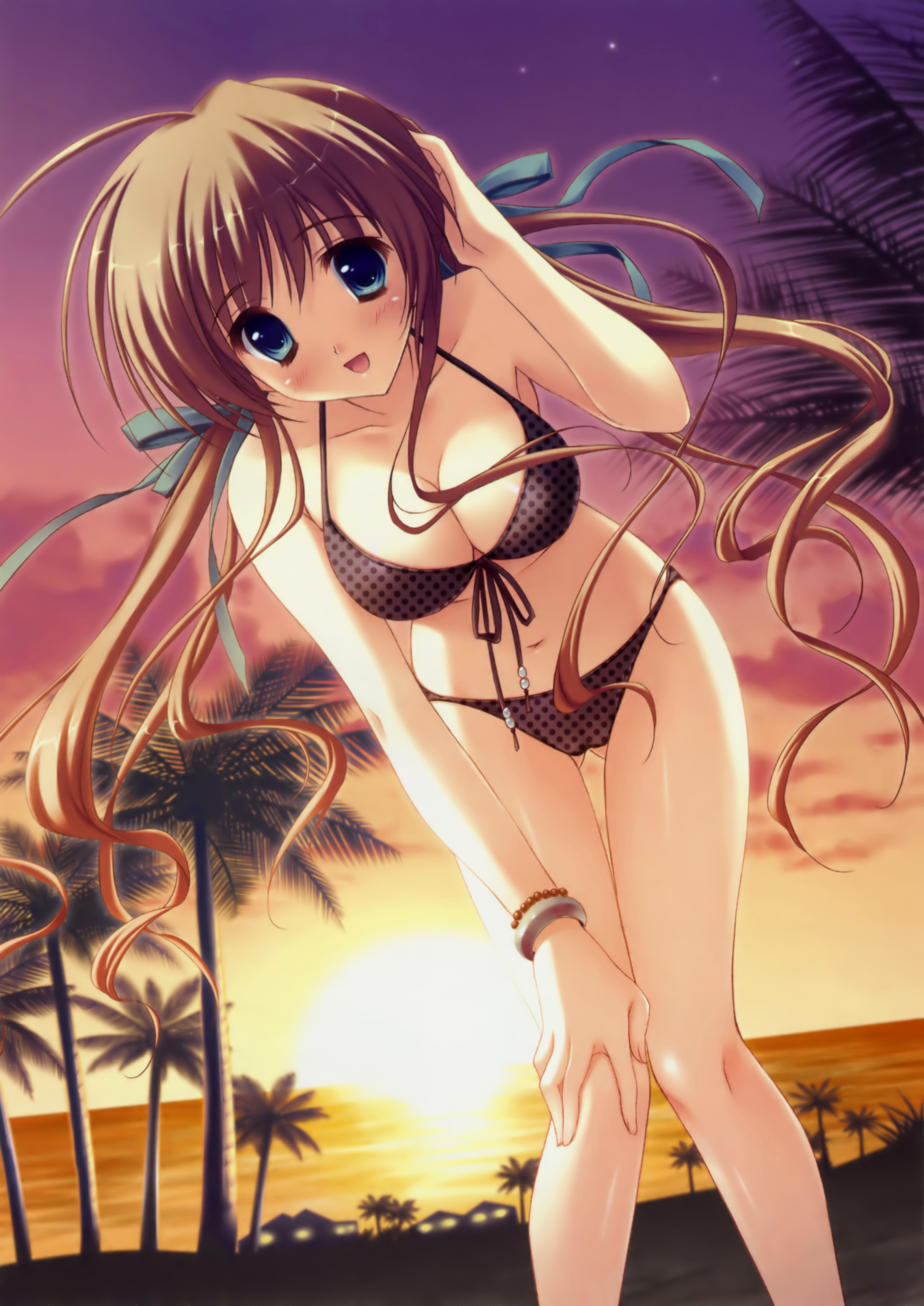 ryouka (suzuya), nagase minato, akane-iro ni somaru saka, absurdres, highres, bikini, blue eyes, blush, bracelet, breasts, brown hair, cleavage, front-tie top, hair ribbon, jewelry, large breasts, long hair, palm tree, polka dot, polka dot bikini, polka dot swimsuit, ribbon, shiny skin, smile, sunset, swimsuit, tree, twintails, very long hair