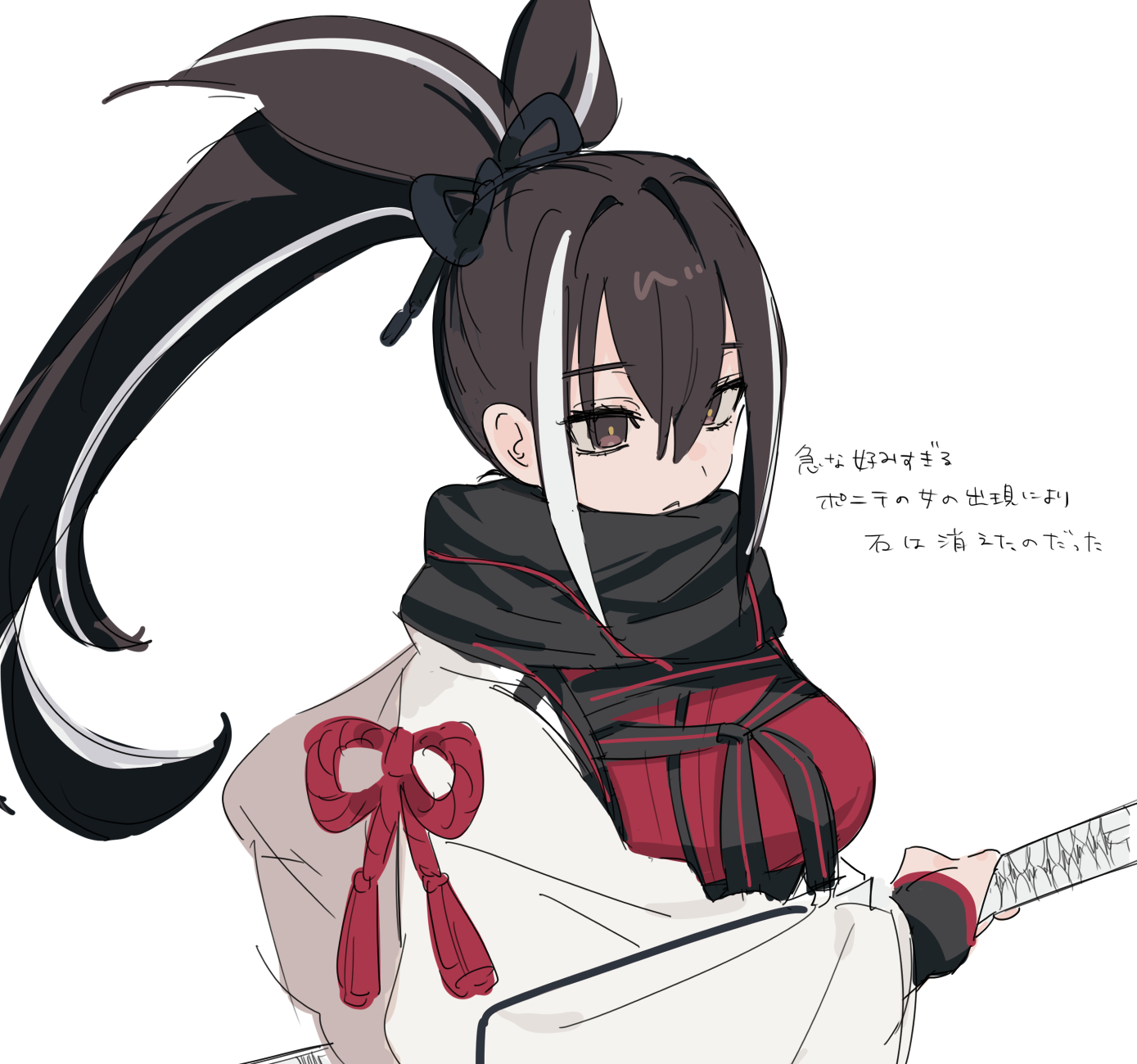 kaigan0211, kawakami gensai (fate), fate/grand order, fate (series), highres, translation request, 1girl, black ribbon, black scarf, breasts, brown eyes, brown hair, expressionless, hair ribbon, holding, holding sword, holding weapon, japanese clothes, kawakami gensai (first ascension) (fate), long sleeves, looking ahead, multicolored hair, ponytail, ribbon, scarf, sheath, sheathed, simple background, solo, streaked hair, sword, upper body, weapon, white background