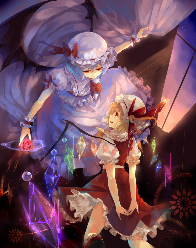 dhiea, flandre scarlet, remilia scarlet, sound horizon, touhou, bad id, bad pixiv id, 2girls, blonde hair, blue hair, dress, female focus, frills, hat, magic, magic circle, mob cap, multiple girls, siblings, sisters, wings