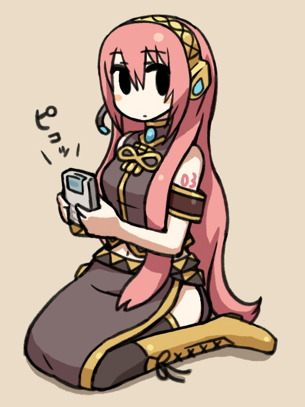 chan co, megurine luka, vocaloid, 1girl, boots, female focus, full body, game boy, game boy (original), handheld game console, kneeling, long hair, pink hair, playing games, sitting, solo, thighhighs, video game, wariza