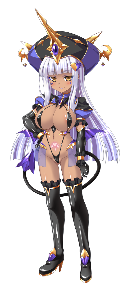 aoi masami, doumyouji kotetu, slave rain, ts magical girl nao, game cg, highres, large variant set, non-web source, official art, variant set, 1girl, black gloves, black thighhighs, blush, boots, breasts, cleavage, corruption, covered erect nipples, dark-skinned female, dark persona, dark skin, demon girl, demon tail, elbow gloves, full body, gloves, hand on own hip, hat, horns, large breasts, lipstick, long hair, looking at viewer, makeup, navel, pubic tattoo, puffy sleeves, short sleeves, slave gear, slingshot swimsuit, smile, solo, swimsuit, tail, tattoo, thigh boots, thighhighs, transparent background, white hair, wings, yellow eyes