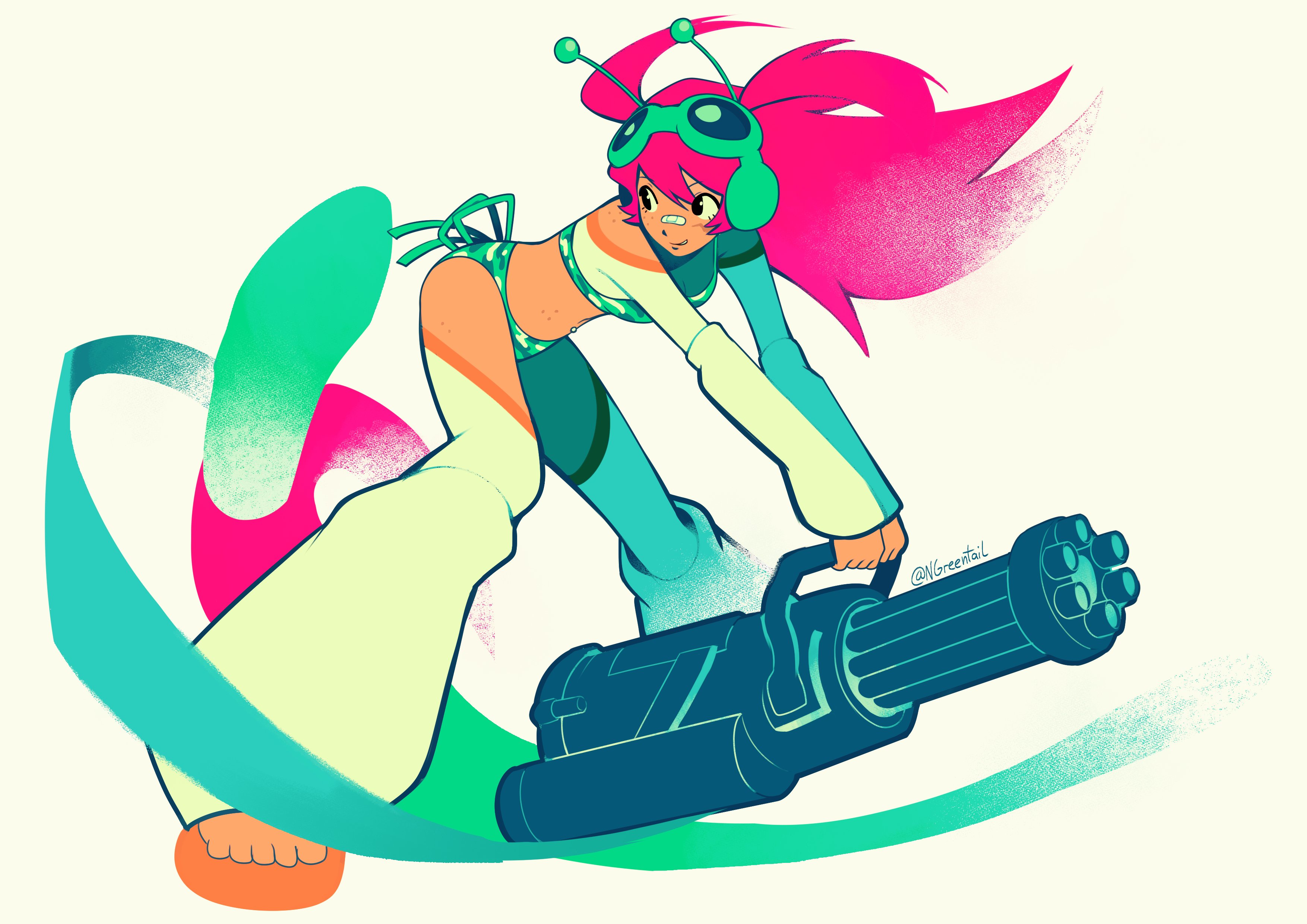 nifast (greentail), truck (nifast (greentail)), original, absurdres, highres, 1girl, bandaid, bandaid on face, bandaid on nose, bikini, breasts, freckles, full body, goggles, goggles on head, green bikini, headphones, long hair, smile, solo, standing, swimsuit, thighhighs, two side up, white background, white sleeves