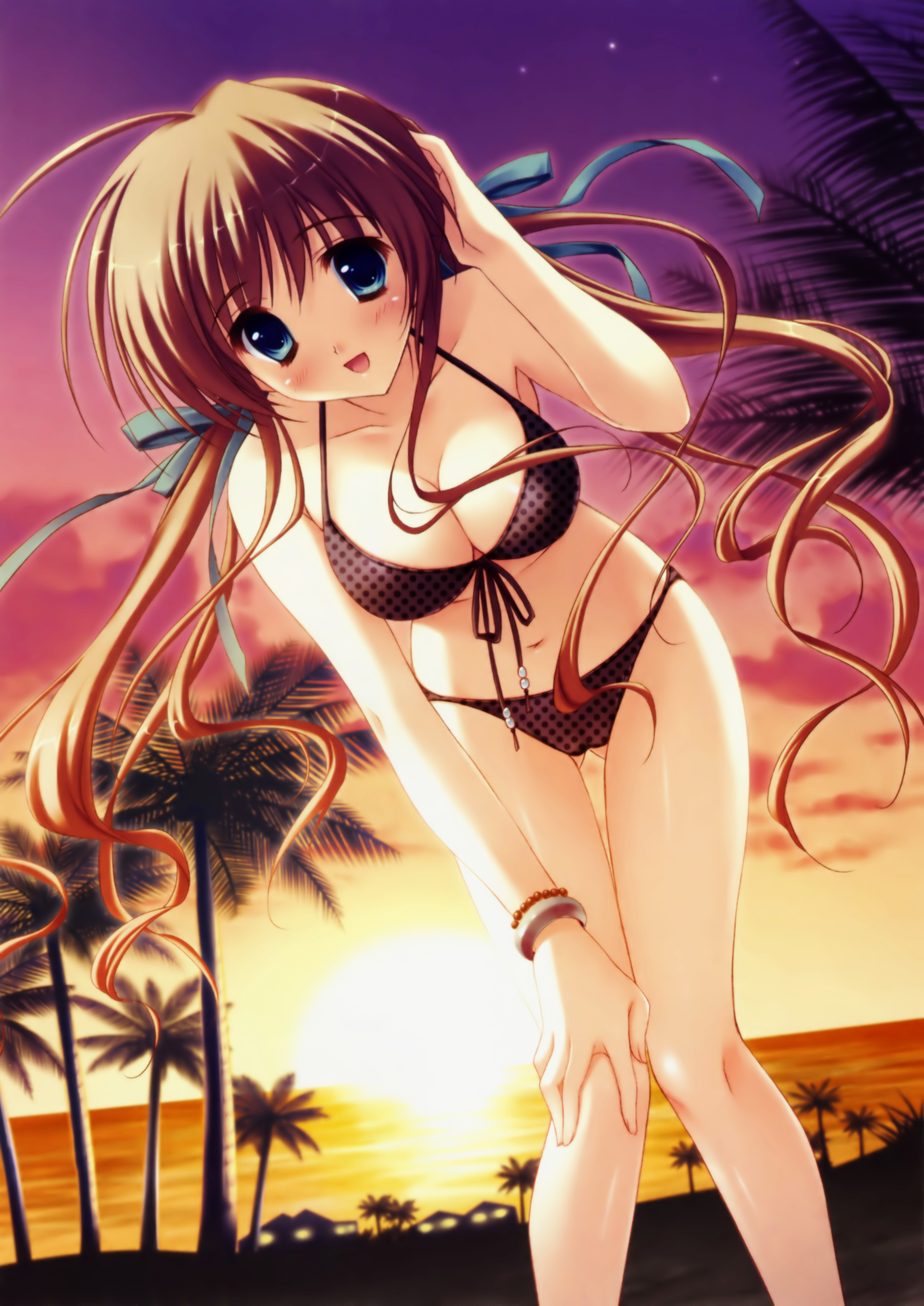 ryouka (suzuya), nagase minato, akane-iro ni somaru saka, absurdres, highres, lossy-lossless, non-web source, 1girl, bikini, blue eyes, blush, breasts, brown hair, cleavage, female focus, large breasts, long hair, polka dot, polka dot bikini, polka dot swimsuit, ribbon, solo, swimsuit, very long hair