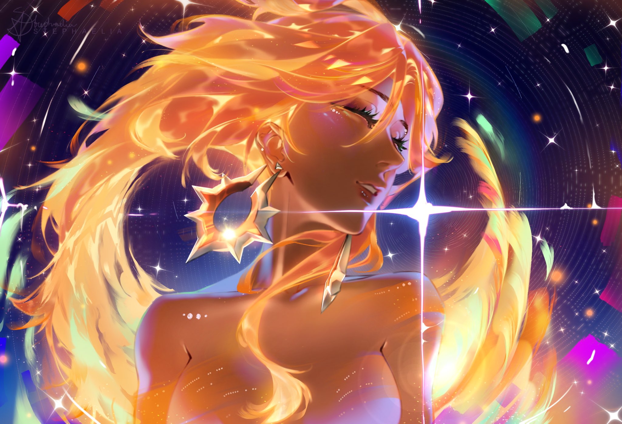 mavuika (genshin impact), genshin impact, highres, 1girl, breasts, earrings, jewelry, long hair, multicolored hair, nude, orange hair, red hair, solo, star (sky), stephaelia, sun earrings