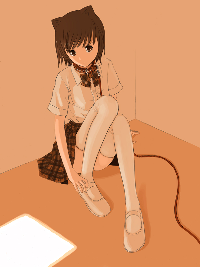 kokudou juunigou, original, bad id, bad pixiv id, 1girl, animal ears, brown hair, collar, female focus, food, frown, fruit, leash, legs, mary janes, monochrome, orange (fruit), orange theme, plaid clothes, plaid skirt, shoes, short hair, skirt, solo, thighhighs, white thighhighs