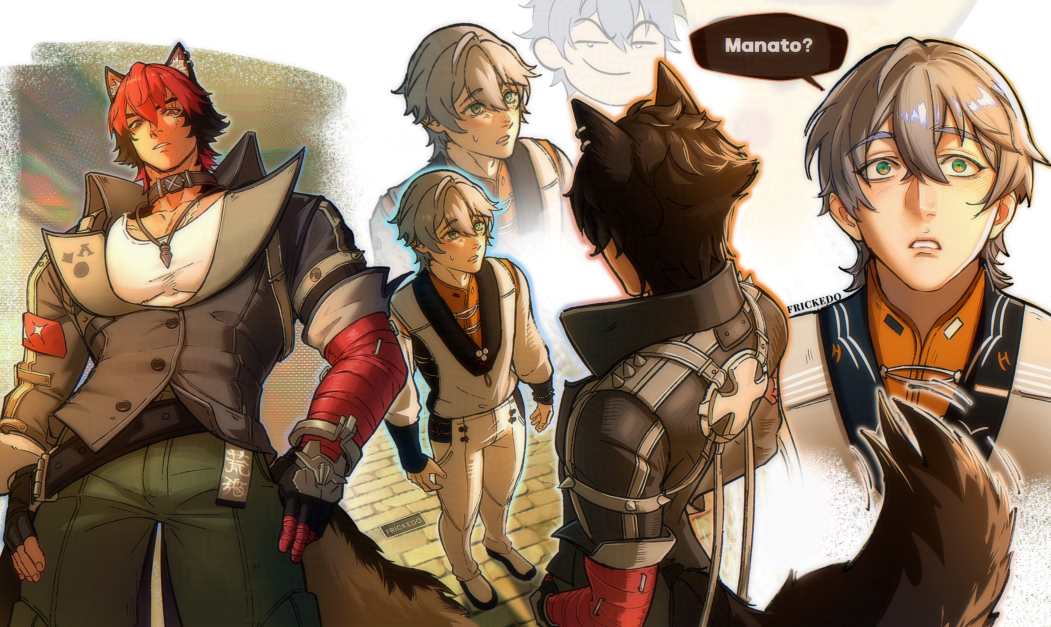 komano manato, wise (soaring crane) (zenless zone zero), wise (zenless zone zero), zenless zone zero, absurdres, highres, 2boys, animal ears, black choker, black hair, black jacket, chinese clothes, choker, dog boy, dog ears, fricked0, full body, green eyes, grey hair, height difference, implied yaoi, jacket, jewelry, looking at another, male focus, multicolored hair, multiple boys, muscular, muscular male, necklace, official alternate costume, open clothes, open jacket, pectoral cleavage, pectorals, red eyes, red hair, scar, scar across eye, scar on face, shirt, short hair, tail, white shirt