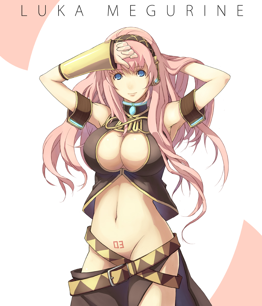keypot, megurine luka, vocaloid, highres, 1girl, adjusting hair, armband, armpits, bare shoulders, belt, blue eyes, breasts, cleavage, cleavage cutout, clothing cutout, detached sleeves, female focus, groin, headset, large breasts, long hair, lowleg, midriff, navel, no bra, no panties, pink hair, skirt, smile, solo, tattoo, turtleneck, very long hair