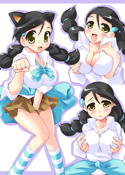 nagatu usagi, candice (pokemon), nintendo, pokemon, pokemon dppt, breast hold, striped legwear, 00s, 1girl, animal ears, black hair, blush, braid, breast lift, breasts, cleavage, clothes around waist, gym leader, hair ornament, hairclip, large breasts, long hair, miniskirt, multi-tied hair, multiple views, open mouth, paw pose, skirt, socks, striped clothes, striped socks, sweater, sweater around waist, twin braids, twintails, yellow eyes